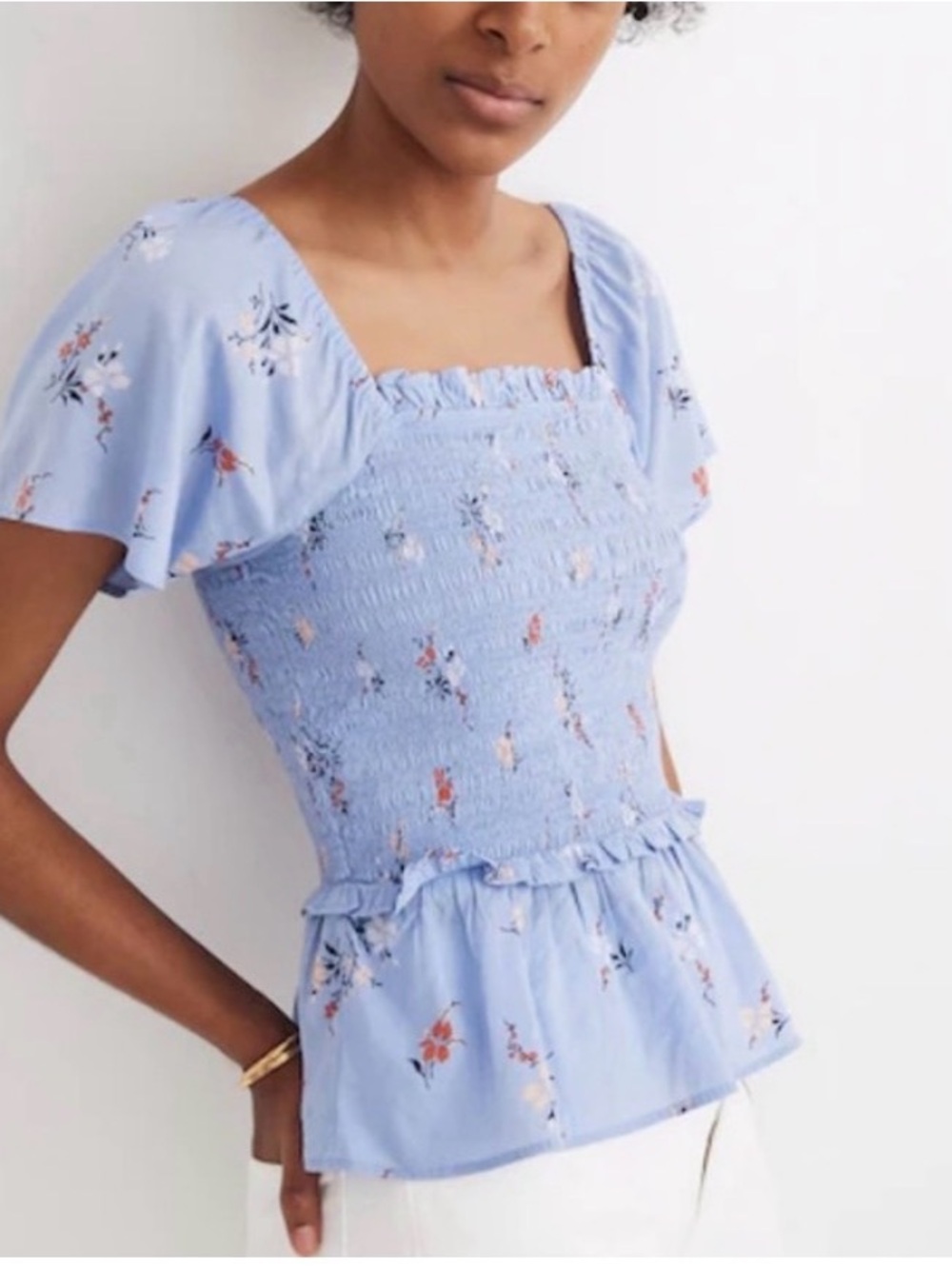 Madewell Sky Blue Floral Smocked Peplum Top